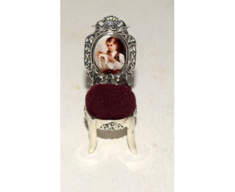 Silver chair with enamel plaque in the form of a pin cushion