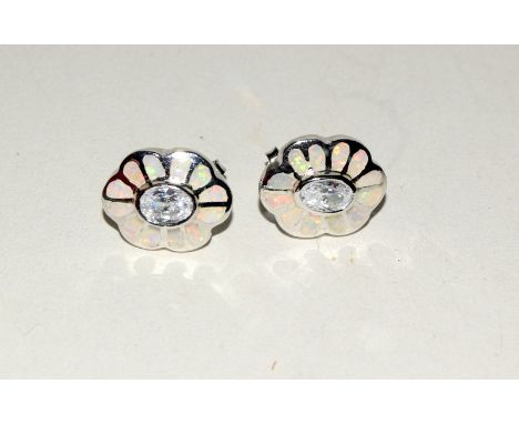 Pair of silver CZ and opal central panel in fan shape