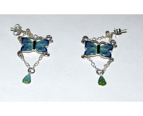 Pair of silver enamel set earrings in the form of butterflys