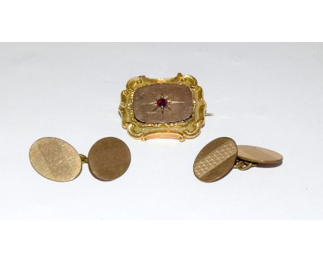 Gents 10ct gold cufflinks together with a gold ruby set brooch