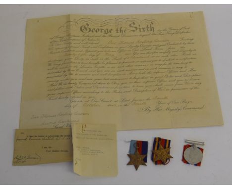 A WW2 Promotion Warrant awarded to 2nd Lieutenant Eric Thomas Rosling Lawson of the Indian Army with his medals including the