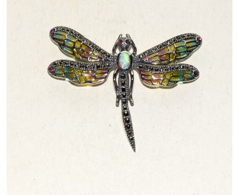 Silver enamel and opal set butterfly brooch