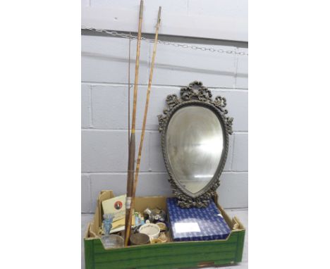 A Salisbury silver plated three light candelabra, a fishing rod and reel, postcards, napkin rings, table lighter, mirror, etc