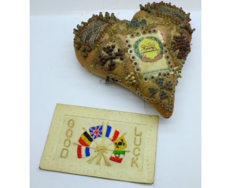 A WWI sweetheart cushion with Leicestershire Regiment insignia 
