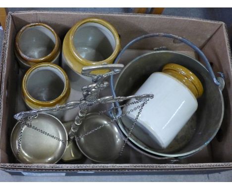 Two jam pans, a set of balance scales and four graduated storage jars **PLEASE NOTE THIS LOT IS NOT ELIGIBLE FOR POSTING AND 