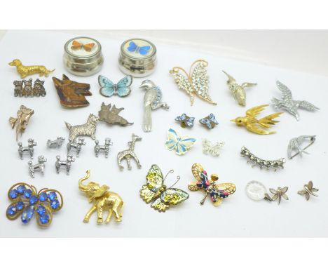 A collection of insect and animal brooches, pendants, earrings, mother of pearl earrings, 1950's/60's poodle clips, 1930's/40