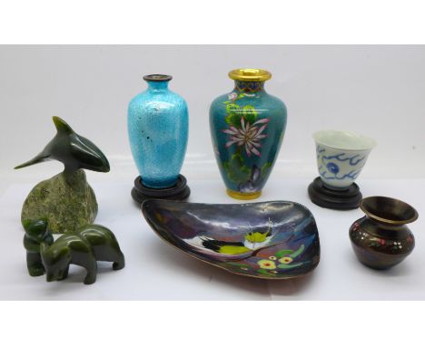 Two small cloisonne vases and stands, three jade carvings, dolphin, bear x2, small metal vase, an enamel on copper dish, Made