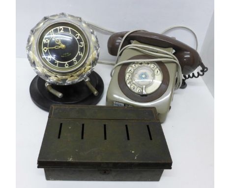 A tin hat box, GPO telephone, cash savings tin and a Majek 11 jewels USSR mantel clock 