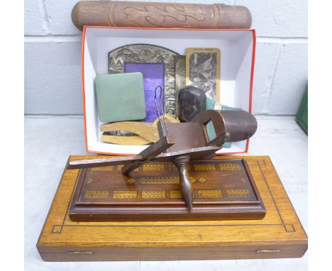 A collection of treen including a stereoscopic slide viewer, nutcracker, plated photograph frame, etc. **PLEASE NOTE THIS LOT
