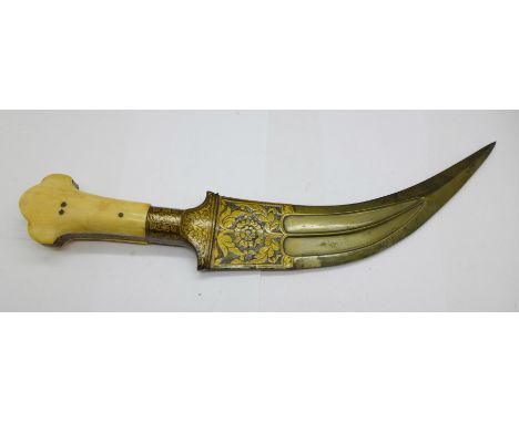 A Khanjar dagger, ivory handle, Damascene decoration 