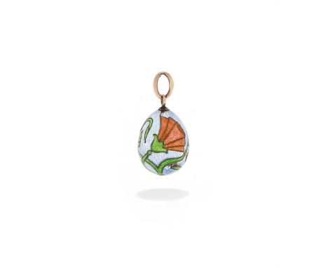 IVAN BRITZIN, AN ENAMEL EGG PENDANT ST. PETERSBURG, CIRCA 1910 Decorated with stylised flowers enamelled in translucent green