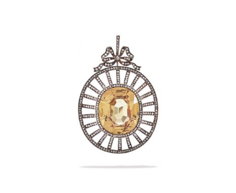 FABERGÉ, A YELLOW SAPPHIRE AND DIAMOND PENDANT ODESSA 1908-1917 The cushion shaped yellow sapphire within a rose cut diamond 