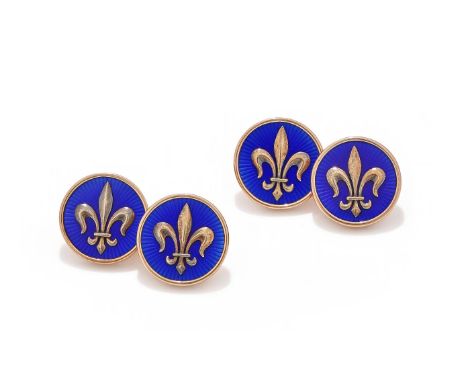 FABERGÉ, A PAIR OF ENAMEL BUTTONS/CUFFLINKS CIRCA 1890 Each royal blue guilloché enamel disc, applied with a fleur-de-lys mot