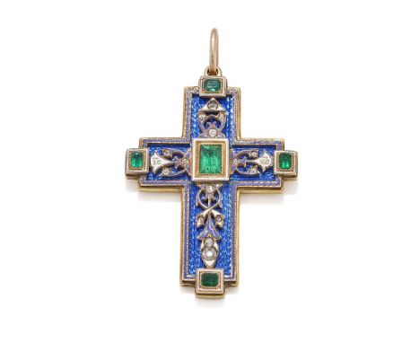A RUSSIAN ENAMEL AND GEM SET CROSS PENDANT WORKMASTER XM, ST. PETERSBURG PRE-1899 Set to the centre and at each terminal with