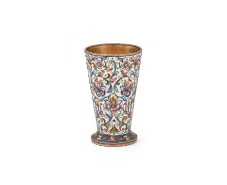 FEODOR RÜCKERT, A SILVER GILT AND CLOISONNÉ ENAMEL BEAKER  WORKMASTER FEODOR RÜCKERT, MOSCOW, 1899-1903 Enamelled with colour