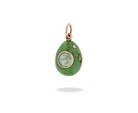 FABERGÉ, A GEM SET NEPHRITE EGG PENDANT  WORKMASTER HENRIK WIGSTRÖM, CIRCA 1900  The nephrite egg, inset with a circular moon