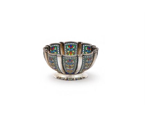 KHLEBNIKOV, A RUSSIAN SILVER AND PLIQUE-À-JOUR ENAMEL BOWL MOSCOW, CIRCA 1910 With lobed sides, with panels of scrolling foli