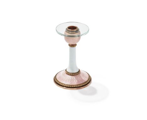 FABERGÉ, A GOLD, SILVER GILT AND ENAMEL TAPER STICK HOLDER  WORKMASTER FEDOR AFANASIEV, ST. PETERSBURG, 1908-1917 The tapered