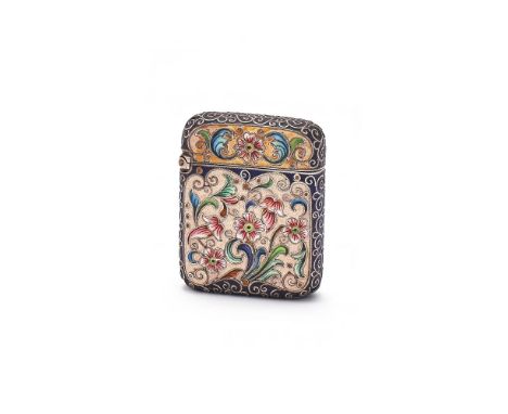 FEODOR RÜCKERT, A SILVER AND CLOISONNÉ ENAMEL VESTA CASE  MOSCOW 1899 - 1908 The hinged case enamelled with flowers and folia