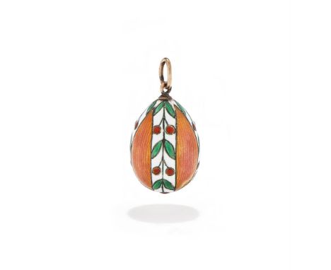 FABERGÉ, AN ENAMEL EGG PENDANT  WORKMASTER FEDOR AFANASIEV, ST. PETERSBURG, CIRCA 1915 Enamelled in translucent pink over ree