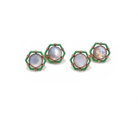 FABERGÉ, A SET OF FOUR MOONSTONE AND ENAMEL BUTTONS WORKMASTER AUGUST HOLLMING, ST. PETERSBURG, CIRCA 1890-1900 Each circular
