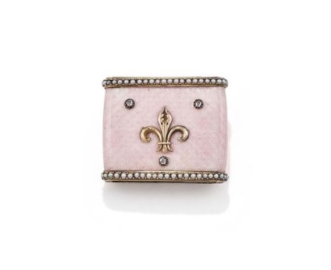 FABERGÉ, AN ENAMEL, HALF PEARL AND DIAMOND SLEEVE/COLLAR MOUNT ST. PETERSBURG, 1899-1908 The pink guilloche enamel over an en