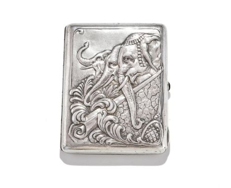 A RUSSIAN SILVER CIGARETTE CASE  MOSCOW 1908-1926  The rectangular case embossed with a trio of elephant heads, one with a be