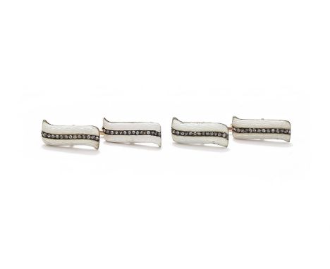 FABERGÉ, A PAIR OF DIAMOND AND ENAMEL CUFFLINKS WORKMASTER AUGUST HOLLMING, ST. PETERSBURG 1899-1908 Each shaped white guillo