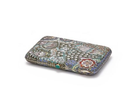 11TH ARTEL, A RUSSIAN SILVER GILT AND CLOISONNÉ ENAMEL CIGARETTE CASE MOSCOW, 1908-1917 The rounded rectangular case decorate