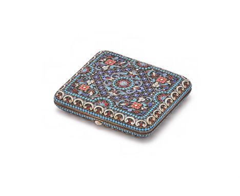 A SILVER GILT AND CLOISONNE ENAMEL CIGARETTE CASE WORKMASTER NIKOLAI ALEKSEEV, MOSCOW PRE 1899 The rounded rectangular case, 