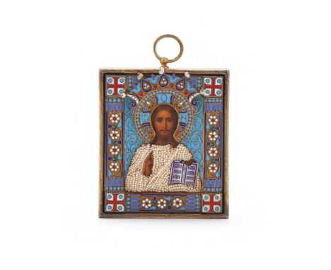 OVCHINNIKOV, A RUSSIAN SILVER GILT, SEED PEARL AND CLOISONNE ENAMEL ICON OF CHRIST PANTOCRATOR  MOSCOW POST 1880 The oklad an