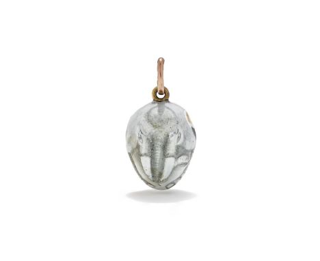 FABERGÉ, AN ENAMEL EGG PENDANT  WORKMASTER HENRIK WIGSTRÖM, ST. PETERSBURG, 1903-1917 Modelled as two elephants in white and 