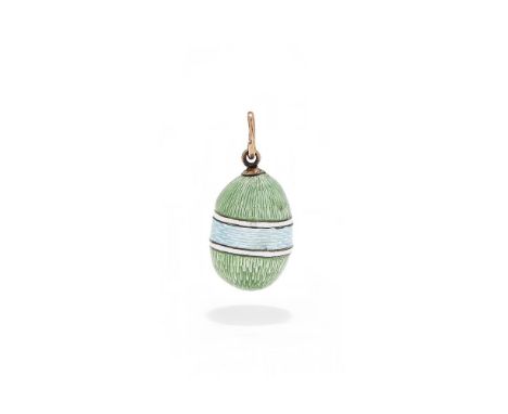 FABERGÉ, AN ENAMEL EGG PENDANT  WORKMASTER FEDOR AFANASIEV, ST. PETERSBURG, 1908-1917 Enamelled in lime green separated with 