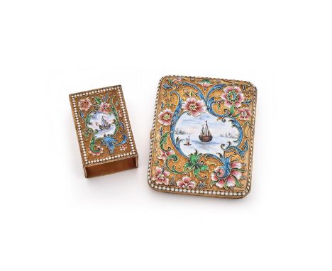 A SILVER-GILT AND CLOISONNÉ ENAMEL CIGARETTE CASE AND MATCH BOX  WORKMASTER V. AKIMOV, MOSCOW 1899-1908 Each decorated with s