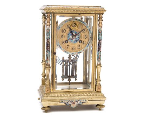 An enamelled four-glass mantel clock: the eight-day duration movement striking the hours and half-hours on a bell, the backpl