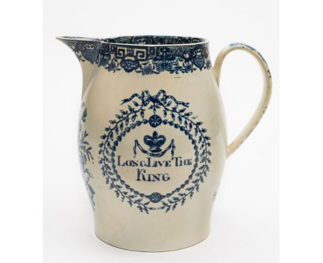 A late 18th/early 19th century blue and white pearlware jug 'Long Live The King': transfer printed with shells, flowers and f