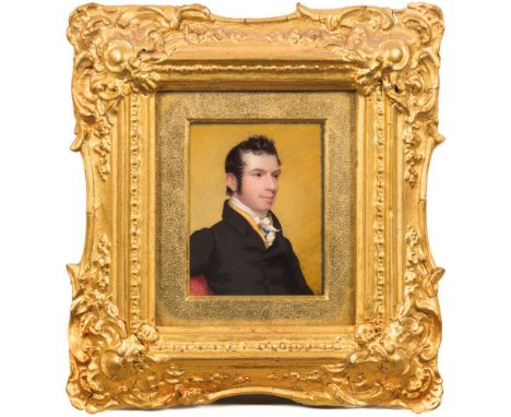 Attributed to A. Huey [early 19th Century]-A miniature portrait of a gentleman:-head and shoulders, with short dark wavy hair