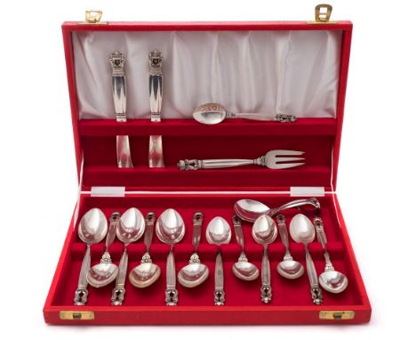A collection of Georg Jensen Acorn pattern flatwares: includes six teaspoons, six coffee spoons, demi-tasse spoon, caddy spoo
