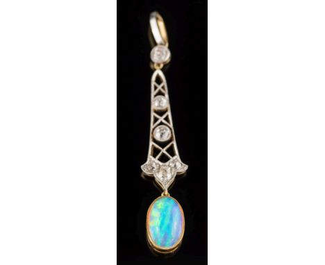 A Belle Epoque opal and diamond pendant: mille-grain set with graduated, old-cut diamonds suspending a single oval opal drop,