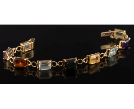 A multi-coloured gem-set bracelet: with nine rectangular gemstones in four-claw settings, including aquamarine, citrine, amet