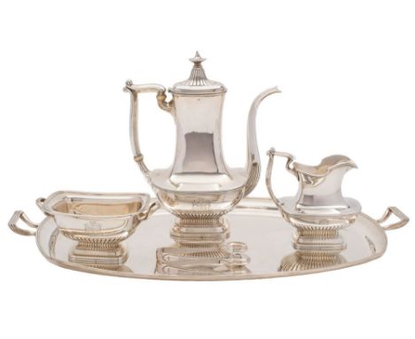 A sterling silver four- piece coffee set: monogrammed, with reeded borders and half-reeded decoration, raised on rectangular 