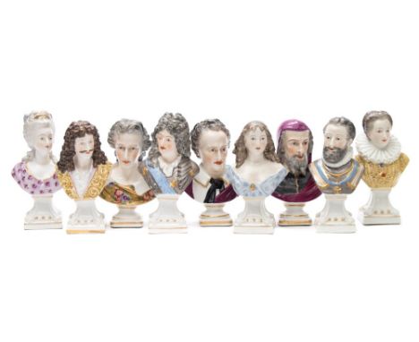 A set of six Samson portrait busts and three similar busts: depicting 'Moliere, Louis XIV, Marie Antoinette, Lavalliere, Gabr