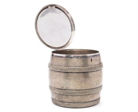 A large Victorian plated biscuit barrel: with engine turned decoration and beaded strapwork, 17cm. high.