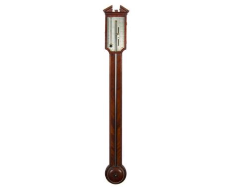 D. Manticha, a mahogany stick barometer: the silvered dial having a vernier gauge, attached thermometer and engraved with the