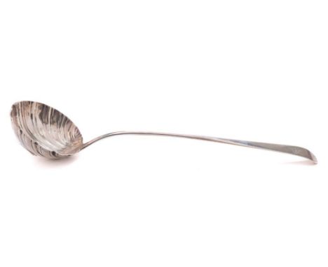 A George III silver Old English pattern  soup ladle, maker RR possibly Richard Rugg I, London, 1770: crested, with fluted bow