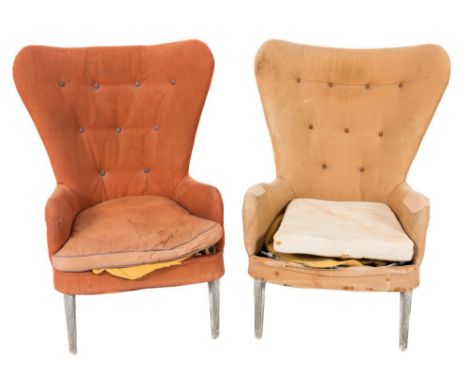 A pair of Ernest Race armchairs:, with curved upholstered button down backs and cushion seats, on aluminium splayed legs, (po