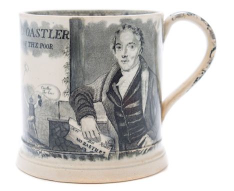 A large mid 19th century pottery cylindrical mug commemorating 'Richard Oastler, The Friend of the Poor': transfer printed in