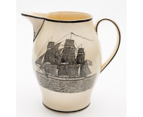 A Liverpool creamware 'Washington' commemorative jug: transfer printed and painted in black to one side with a ship portrait 