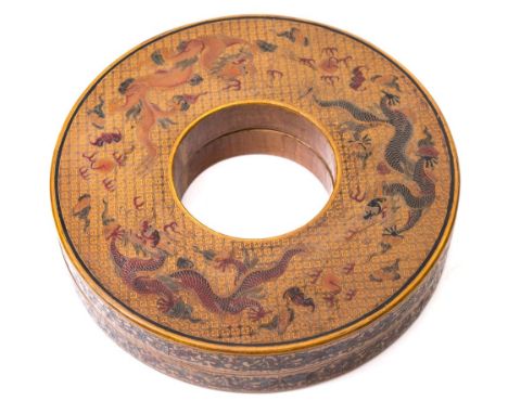 A Chinese tianqi lacquered 'dragon' box and cover: of pierced circular or ring-shaped form, the top decorated with three drag