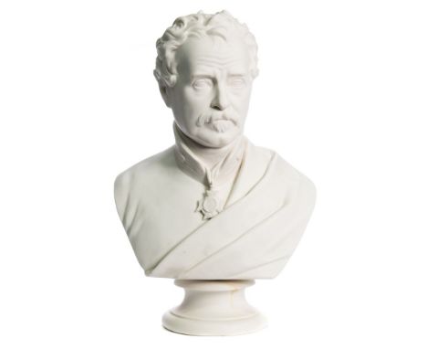 A Wedgwood & Sons parian portrait bust of Sir Colin Campbell: sculpted by Wyon, head and shoulders and on circular socle, imp
